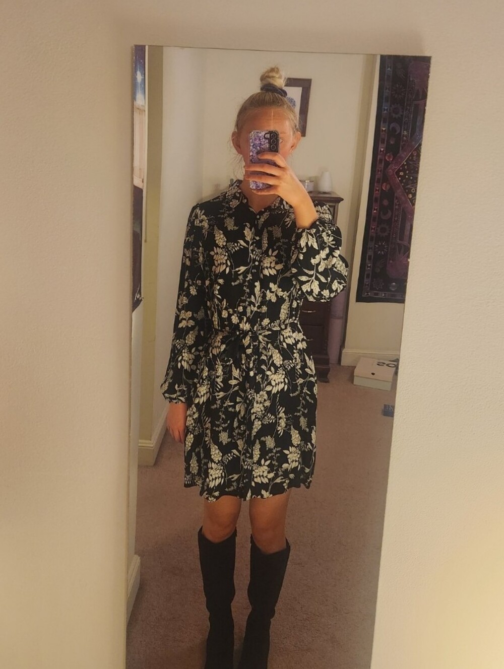 Black Floral Tie-Waist Shirt Dress